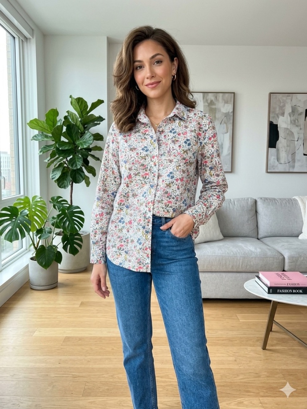 Style & Co. White Floral Button-Down Shirt